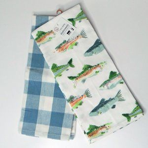"Gone Fishin" Cotton Dish Towels Set of 2 Fish / Plaid Now Designs NWT